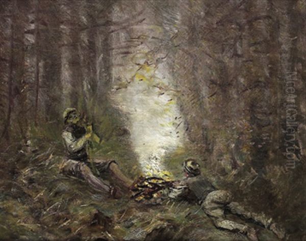 Manner An Einer Feuerstelle Oil Painting by Laszlo Mednyanszky