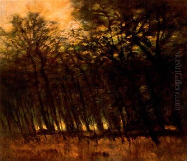 Erdei Fenyek - Tuzek Az Erdoben (forest Lights - Fires In The Forest) Oil Painting by Laszlo Mednyanszky