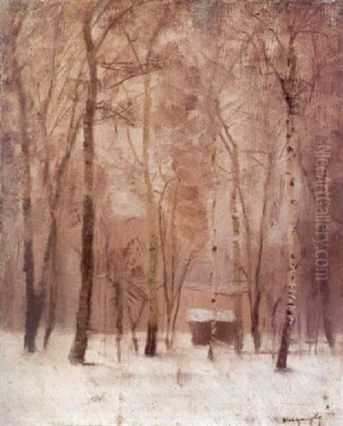 Erdei Haziko Teli Tajban (cottage In Winter Landscape) Oil Painting by Laszlo Mednyanszky