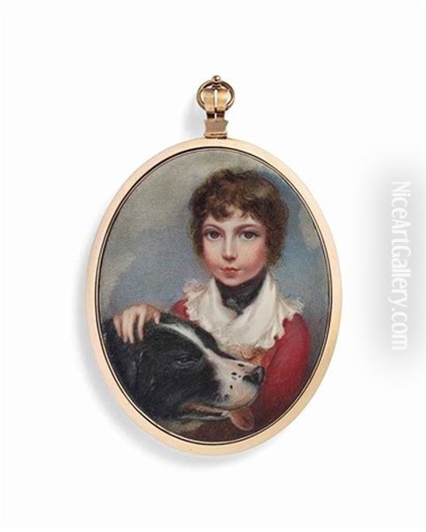 A Child, In Red Coat, Ruffled White Collar, With Right Hand On Top Of Dog's Head; Sky Background Oil Painting by Anne Mee