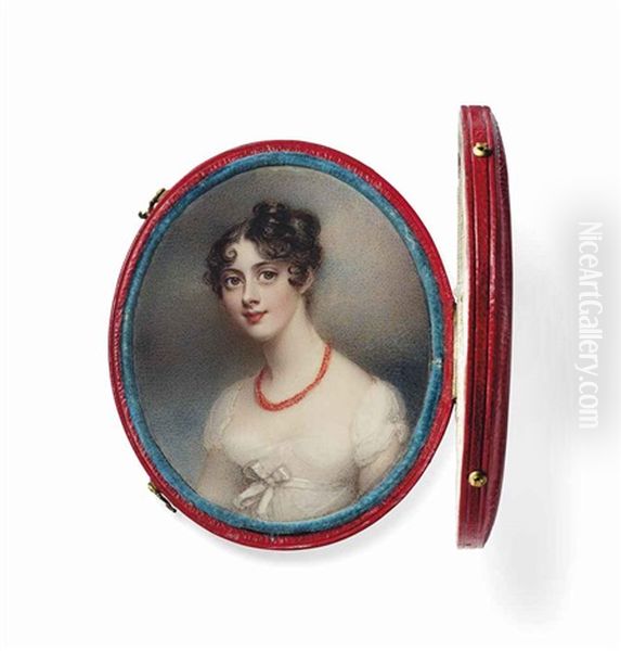 Lady Caroline Lamb, Nee Ponsonby (1785-1828), In White Dress, White Ribbon Tied Around Her Waist, Coral Necklace, Upswept Curling Brown Hair... Oil Painting by Anne Mee