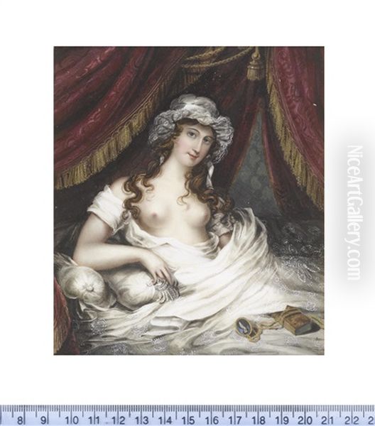 A Lady, Seated Before A Small Book And A Portrait Miniature Of A Gentleman Beneath The Canopy Of Her Bed, Wearing Open Chemise And White Lace Cap, Her Brown Curls Falling Over Her Shoulders Oil Painting by Anne Mee