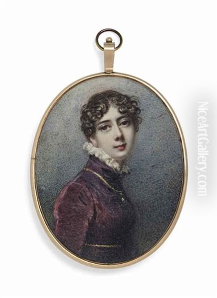 Lady Charlotte Townshend (1776-1856), In Aubergine High-collared Dress With White Ruffled Collar, Wearing A Gold Necklance With Pendant Around Her Neck Oil Painting by Anne Mee