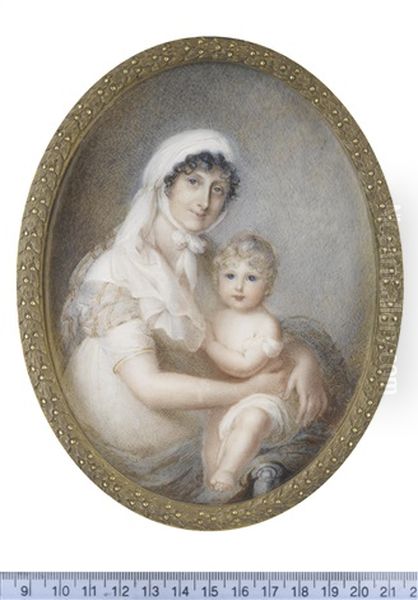 A Mother And Child, Seated; The Former, Wearing Blue Dress With Red Stripes And Matching Stole, White Fichu, Her Dark Hair Upswept Beneath A White Linen Mob Cap Oil Painting by Anne Mee