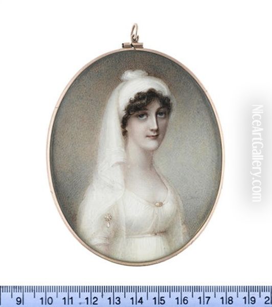 Lady Frances Chetwynd-talbot (nee Lambart), Wearing White Dress With Pearl Brooches At Her Sleeve And Corsage, A White Turban In Her Dark Upswept And... Oil Painting by Anne Mee