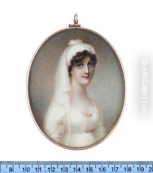 A Lady, Wearing White Dress With Pearl Brooches At Her Sleeve And Corsage, A White Turban In Her Dark Upswept And Curled Hair Oil Painting by Anne Mee