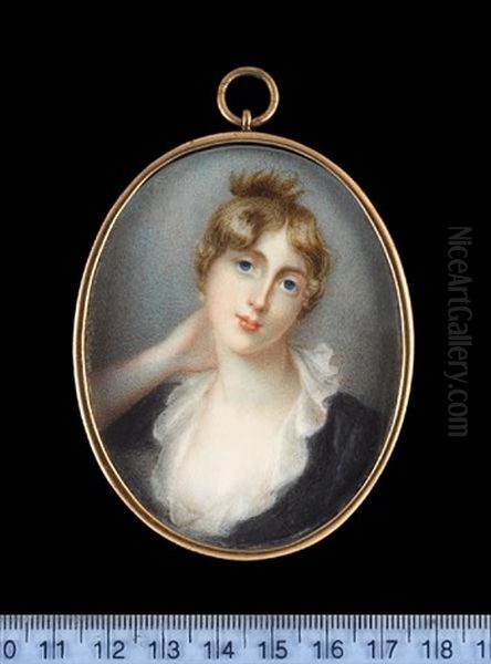 Mrs Halliday, Wearing Black Dress With Frilled White Collar, Her Right Hand Behind Her Neck Oil Painting by Anne Mee