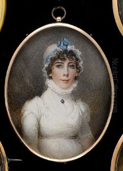 A Lady, Wearing White Dress With Pie-crust Collar, A Brooch Set With A Blue Stone Pinned At Her Throat Oil Painting by Anne Mee