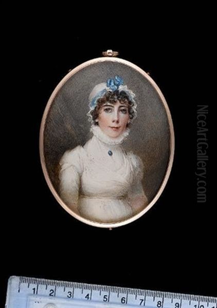 A Lady, Wearing White Dress With Pie-crust Collar, A Brooch Set With A Blue Stone Pinned At Her Throat, White Bonnet Trimmed With Blue Ribbon On Her Curled Brown Hair Oil Painting by Anne Mee