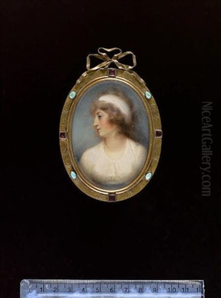 A Lady, Profile To The Left, Wearing White Dress With Blue Sash, Her Hair Worn Long And Dressed With A White Bandeau Oil Painting by Anne Mee