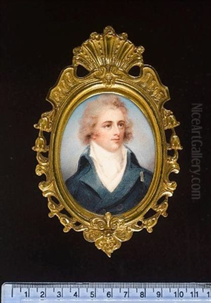 A Gentleman Wearing Blue Coat, White Waistcoat And Cravat, His Hair Powdered Oil Painting by Anne Mee