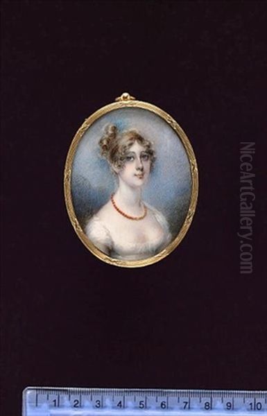 A Lady, Wearing Decollete White Dress And Coral Necklace, Her Blonde Hair Upswept Oil Painting by Anne Mee