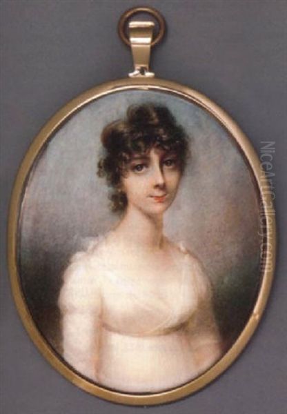 A Young Lady In White Dress Tied In Bows At Shoulders, Curling Short Brown Hair Oil Painting by Anne Mee