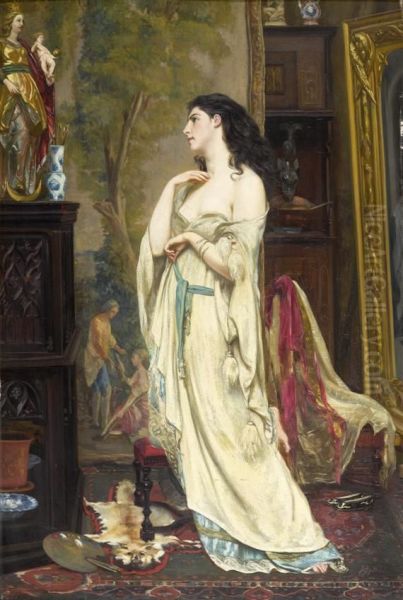 Interior Scene With A Young Lady Oil Painting by Auguste Henry Berthoud