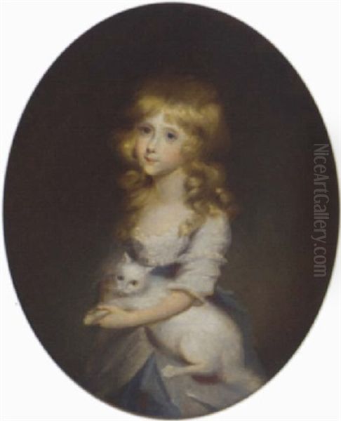 Portrait Of Jemima Carbery In A White Dress, Holding A Cat Oil Painting by Anne Mee