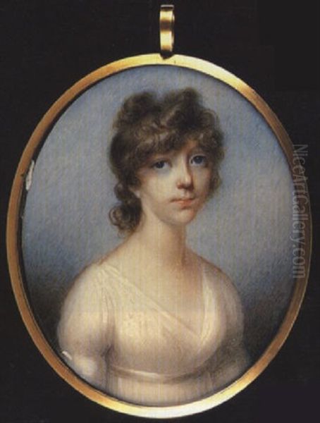 A Lady Wearing White Dress With Waistband, Her Brown Hair Curled Oil Painting by Anne Mee