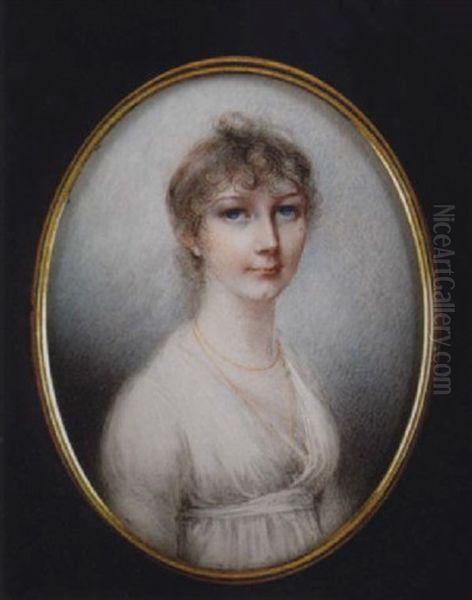 A Lady With Bright Blue Eyes, Wearing Decollete White Dress And Gold Chain Necklace Oil Painting by Anne Mee