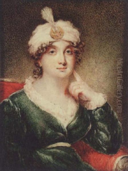 Lady Caroline Lamb Wearing Decollete Green Dress With White Lace Collar And Cuffs, White Turban With Gold Pin, She Touches Her Face With Her Left Hand Oil Painting by Anne Mee