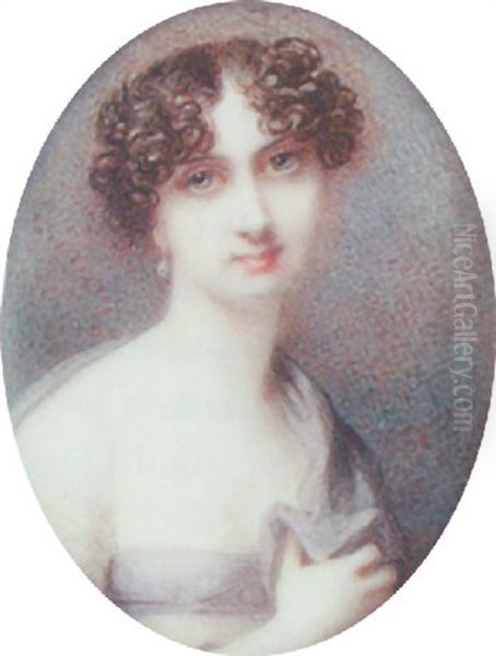 Mrs. Haseler, Her Hair Curled, Wearing A Decollete White Dress With A Grey-blue Ribbon Across Her Corsage Oil Painting by Anne Mee