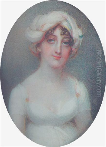 A Lady, Wearing A Decollete White Dress With Gold-coloured Flowers At Her Shoulders And A White Turban Oil Painting by Anne Mee