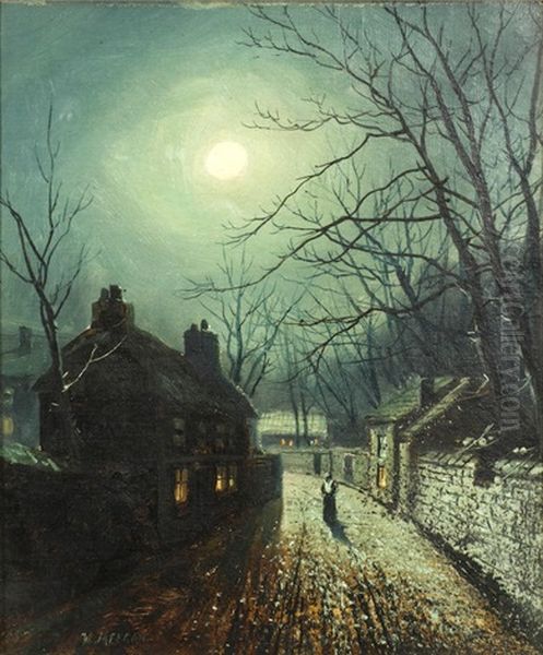 Figure On A Moonlit Cobbled Lane Oil Painting by Walter Linsley Meegan