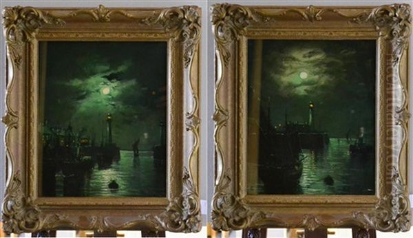 Moonlit Harbour Scene; Moonlit Harbour Scene With Cottages Oil Painting by Walter Linsley Meegan