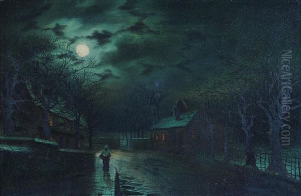 Moonlit Street Scene With Figure Oil Painting by Walter Linsley Meegan