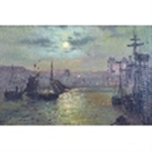 Scarborough Harbour By Moonlight With Various Vessels Oil Painting by Walter Linsley Meegan