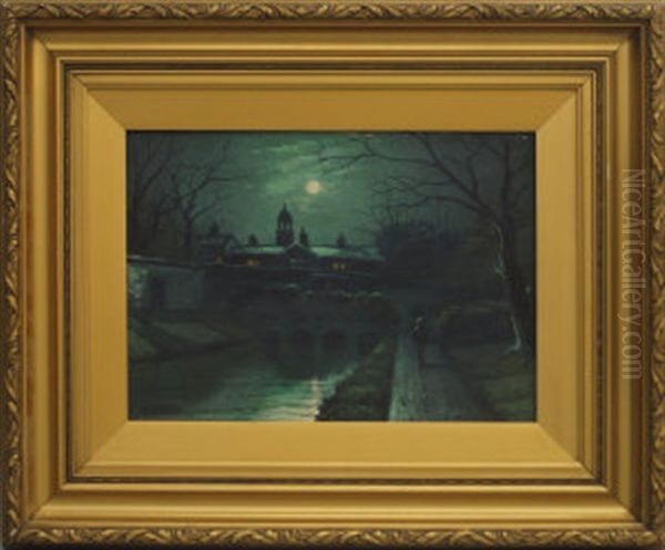 Moonlit Canal Scene With A Figure And A Stone Bridge Oil Painting by Walter Linsley Meegan