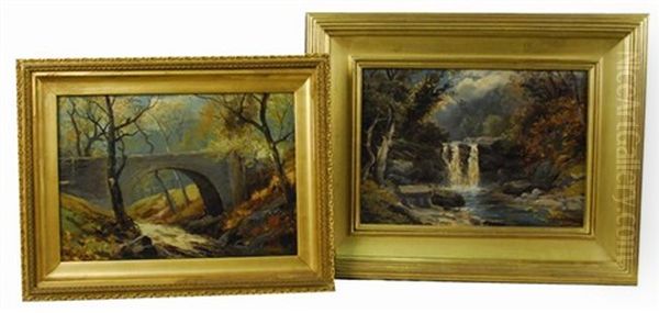 Forest Landscape With Waterfall (+ Landscape With Bridge; 2 Works) Oil Painting by Walter Linsley Meegan