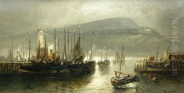 Moonlit Harbour Scene Oil Painting by Walter Linsley Meegan