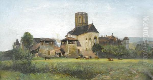 Ansicht Der Alten Abtei Von St-jean Bei Le Landeron. Oil Painting by Auguste Henry Berthoud