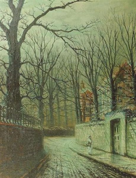 A Moonlit Street Scene Oil Painting by Walter Linsley Meegan