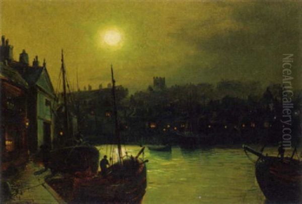 Fishing Boats At The Quay By Moonlight Oil Painting by Walter Linsley Meegan