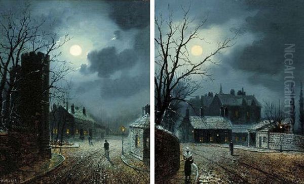 Moonlit Street Scene Oil Painting by Walter Linsley Meegan