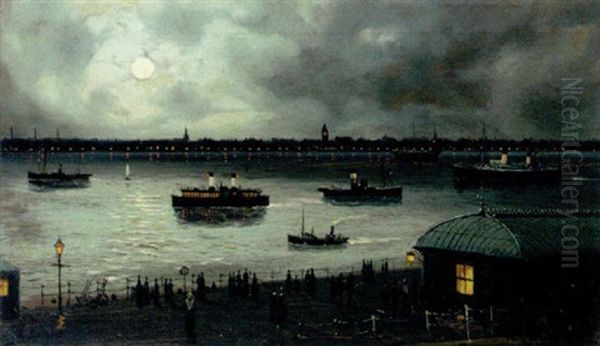 Shipping On A Moonlit River Oil Painting by Walter Linsley Meegan