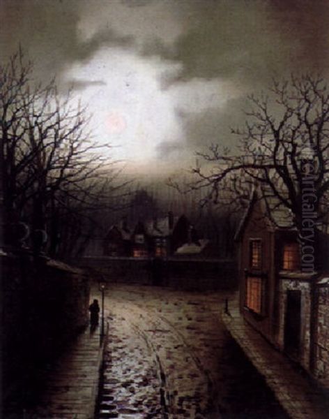 Moonlit Street Scene Oil Painting by Walter Linsley Meegan