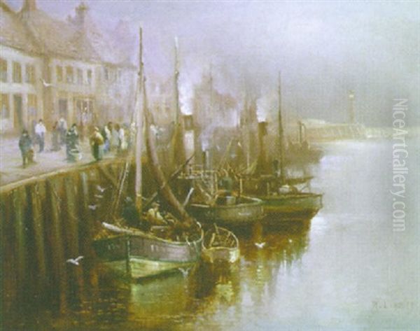 Moored Fishing Boats Oil Painting by Walter Linsley Meegan