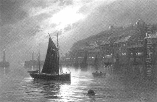 Whitby Harbour By Moonlight Oil Painting by Walter Linsley Meegan