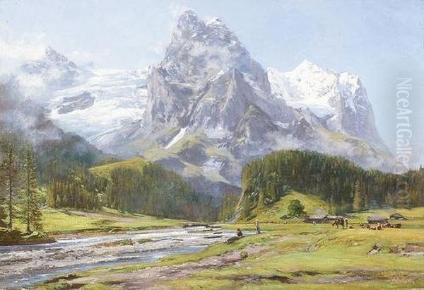 Ansicht Von Wellhorn, Wetterhorn Und Rosenlaui. Oil Painting by Auguste Henry Berthoud