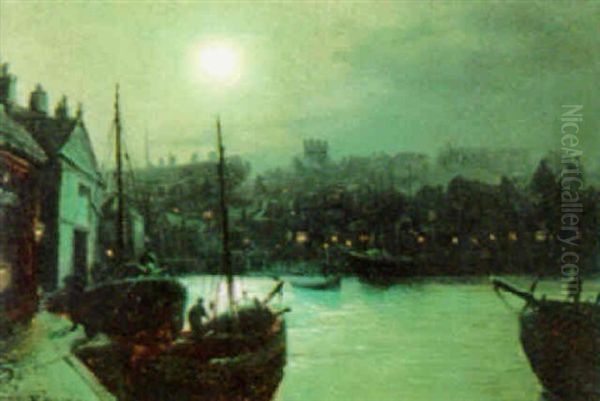 Moonlight Harbour Scene Oil Painting by Walter Linsley Meegan