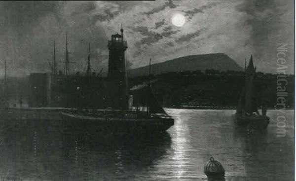 A Moonlight Harbour Scene Oil Painting by Walter Linsley Meegan