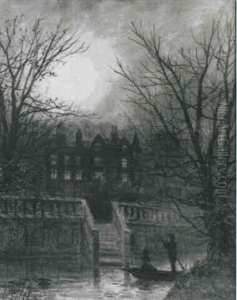 A Moonlit View Of Knostrup Old Hall Oil Painting by Walter Linsley Meegan