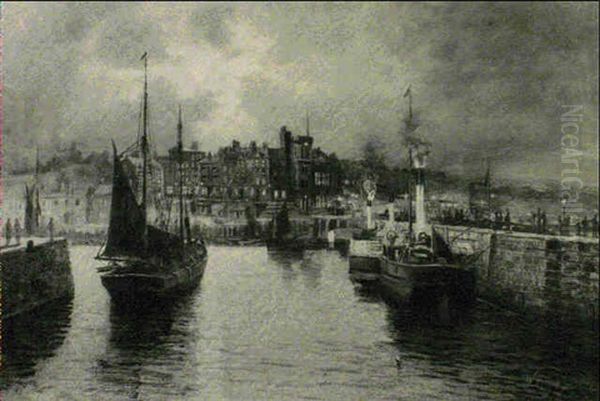 The `frenchman' And The `scarborough' In Bridlington        Harbour, With The Old Town Hall Beyond Oil Painting by Walter Linsley Meegan