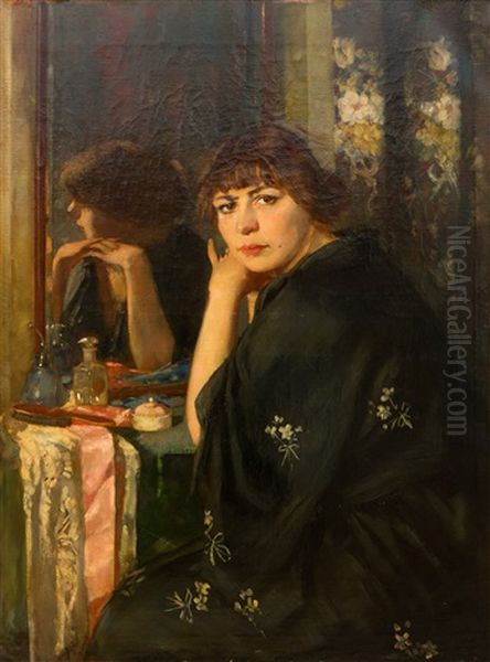 Lady In Kimono At A Dressing Table Oil Painting by Han Van Meegeren