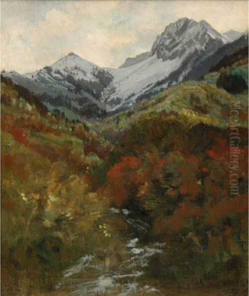 A Mountainous Landscape Oil Painting by Leon Rodolphe Berthoud