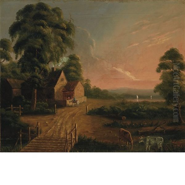 Farm Scene; Country Bridge At Dusk (2 Works) Oil Painting by Joseph Rusling Meeker