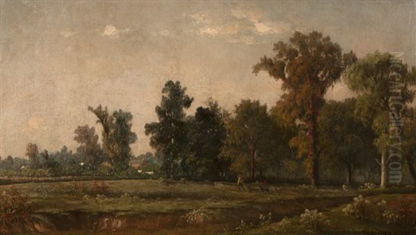 Autumn On The River Peres [sic], Missouri Landscape With Figure And Dog Oil Painting by Joseph Rusling Meeker