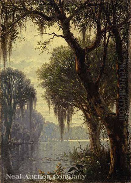 Bayou View With Trumpet Vine And Wildflowers Oil Painting by Joseph Rusling Meeker