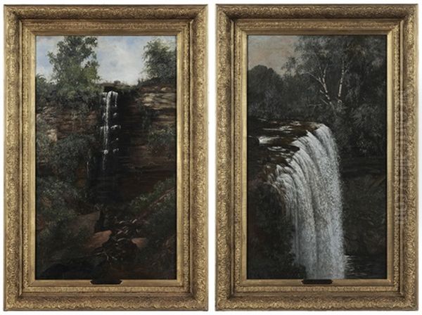 Minnehaha Falls And Woodland Falls (pair) Oil Painting by Joseph Rusling Meeker